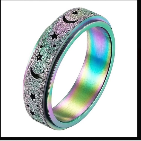 Glitter Moon + Stars Spinner Fidget Ring, Silver, Holographic Rainbow, Size 9 - Picture 9 of 14